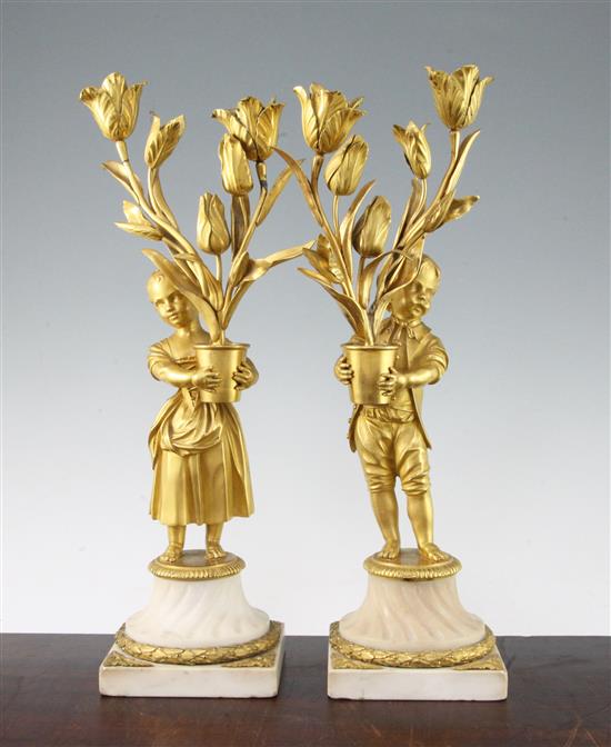 A pair of 19th century Louis XVI style gilt bronze and white marble candelabra, 27.75in.